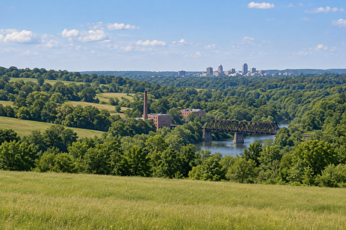 Rolling northeast Ohio countryside with the Akron skyline and an industrial river valley
