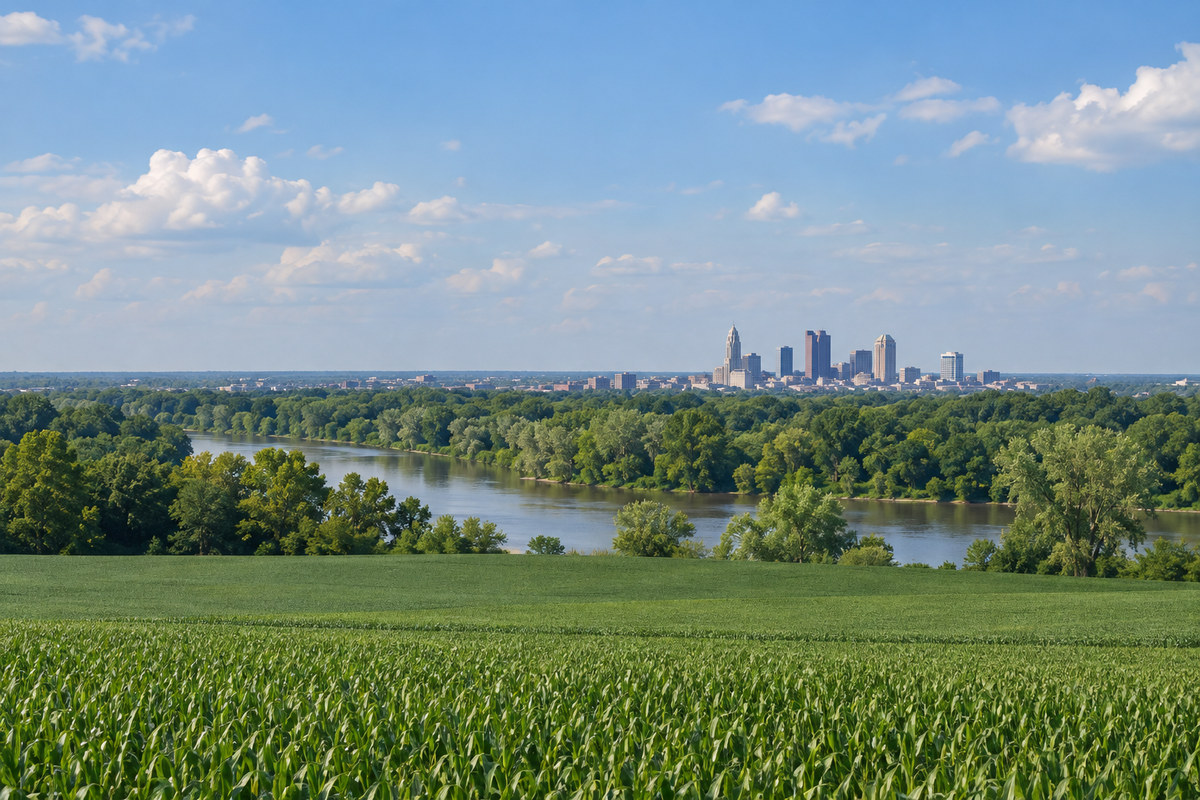 Columbus skyline across the Scioto River with flat central Ohio farmland at the city's edge