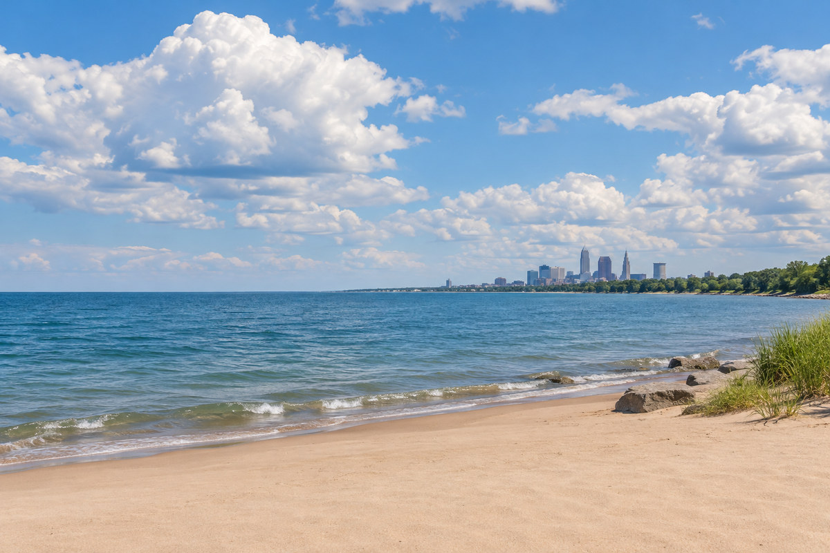 Cleveland skyline and lakefront along Lake Erie under a broad northern Ohio sky