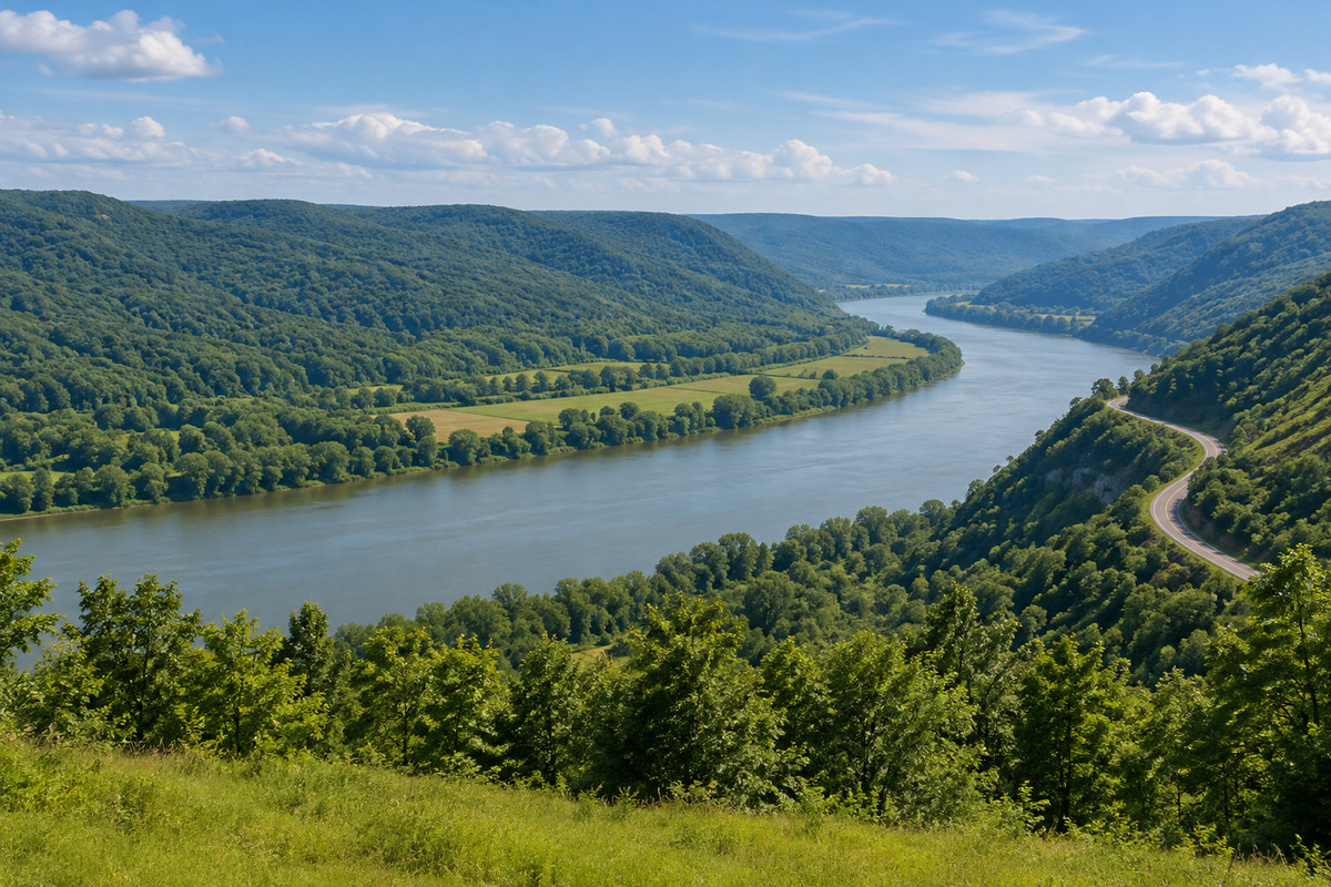 Wooded southeast Ohio hills above the Ohio River valley with a winding two-lane road