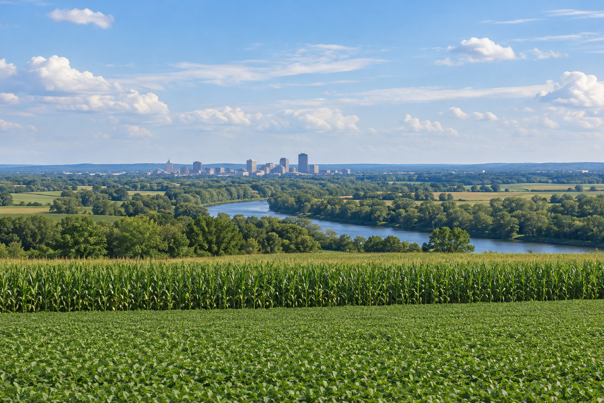 Dayton skyline beside the river with west central Ohio corn and soybean fields beyond